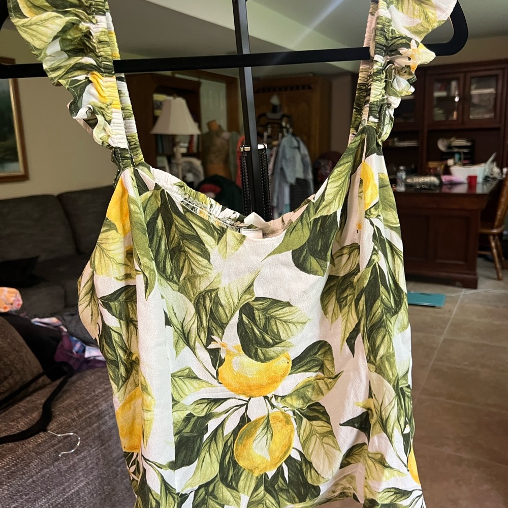 H&M Lemon Print Ruffle-Strap Crop Top - Green & Yellow